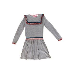 Mini Boden Girls Dress 8-9Y Silver Sparkle Rainbow Ruffle Long Sleeve Crew Neck